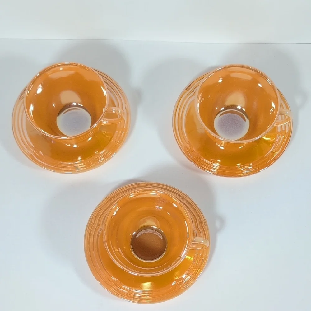Fire King Set of Three Lustre Teacups with Saucers Vintage